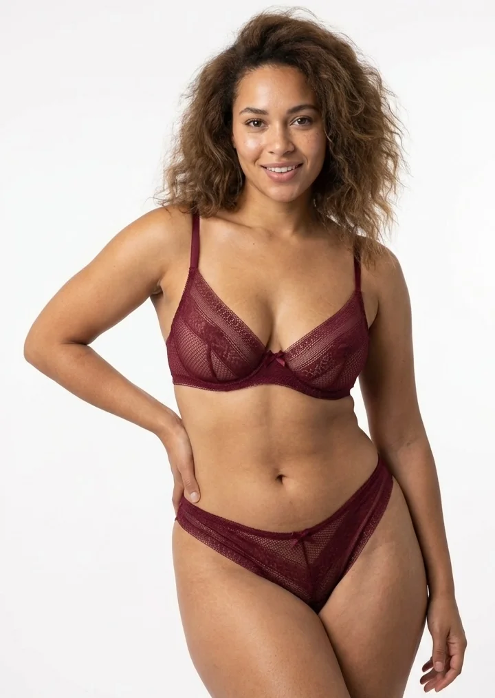 Kadın Sexy Tanga Komple Tül Şeffaf Külot Fiyonklu Detay Mürdüm - Tül Kumaş Detayı - LunaIntim